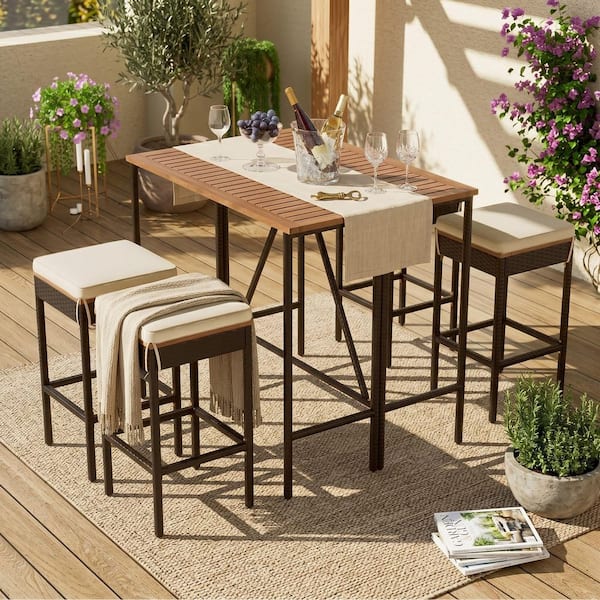 Dining Set Wicker Bar Table And Stools Clihome Patio Rattan