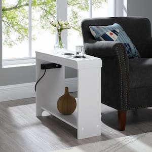 11 in. White Rectangle Wood End Table with USB Ports and Outlets