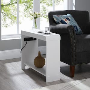 White Narrow Side Table with Charging Station, USB Ports, and Outlets - Perfect for Chair Side or Bedside Nightstand