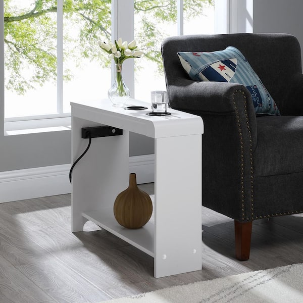 HOMESTOCK White End Table With Charging Station, USB Ports and Outlets, Narrow Side Table, Chair Side Table Bed Side Nightstand