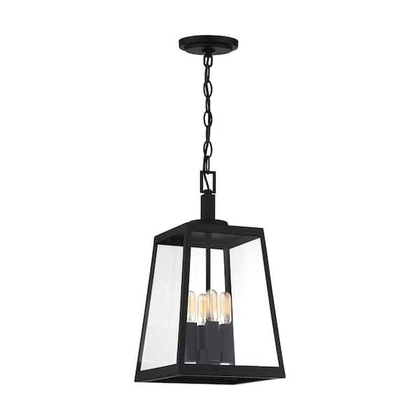 SATCO Halifax 17.75 in. 4-Light Matte Black Dimmable Outdoor Pendant Light with Clear Glass and No Bulbs Included
