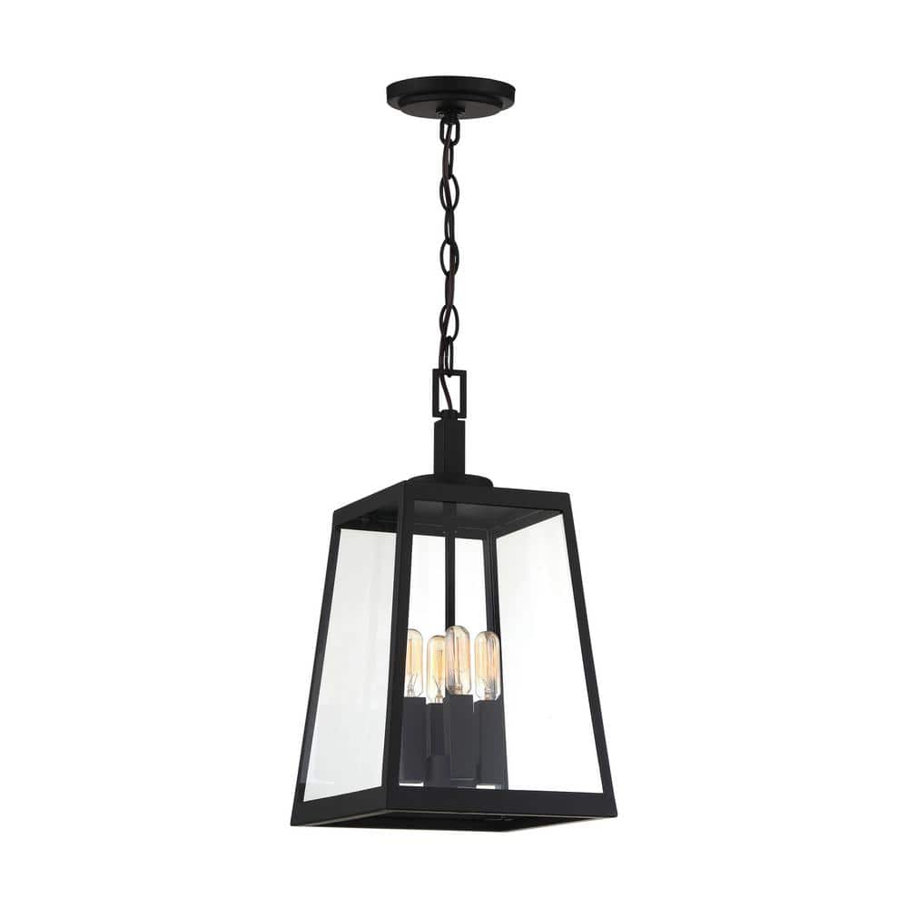 Matte Black Glass 4-Light Hanging Lantern for Indoor/Outdoor
