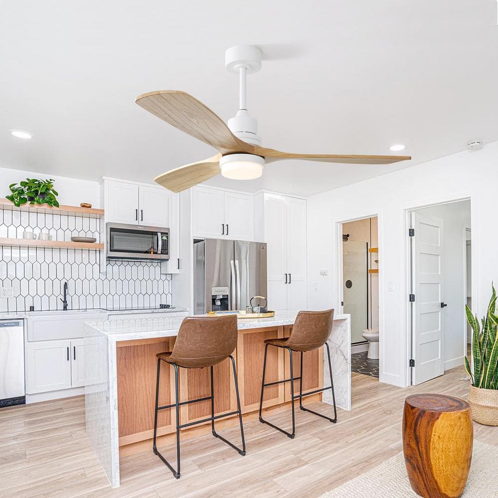 52-Inch White and Natural Wood Ceiling Fan with LED Light and Remote