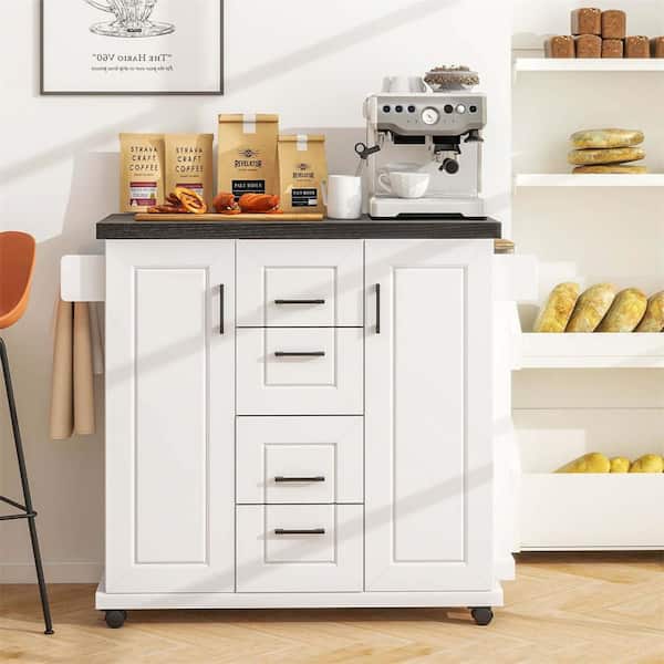 White Rolling Island Kitchen Cart on Wheels Mobile Serving Utility Trolley Cart
