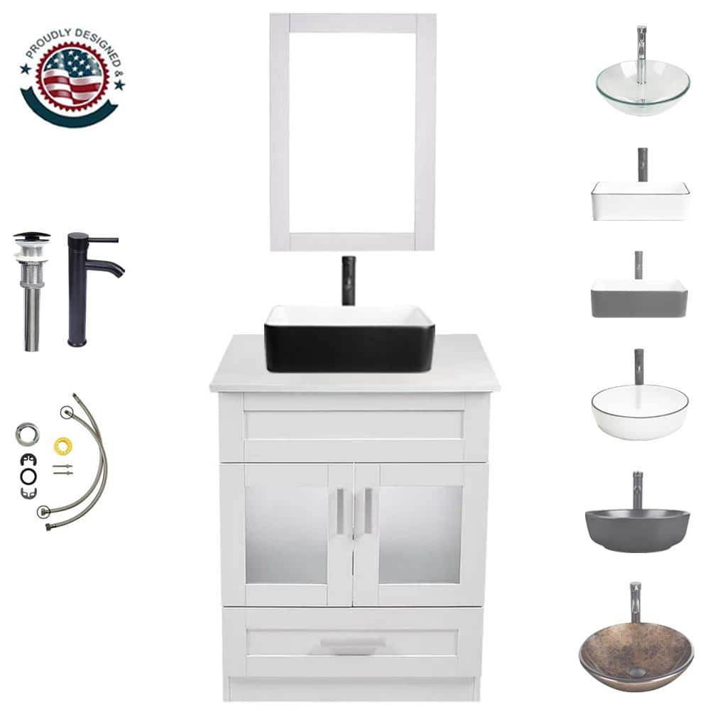 24 in. W x 19 in. D x 32.3 in. H Single Sink Bath Vanity in White with White Wood Top and Mirror price history on PriceWatchPro