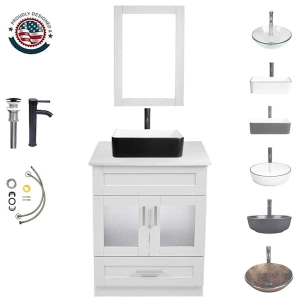 TOOLKISS 24 in. W x 19 in. D x 32.3 in. H Single Sink Bath Vanity in White with White Wood Top and Mirror