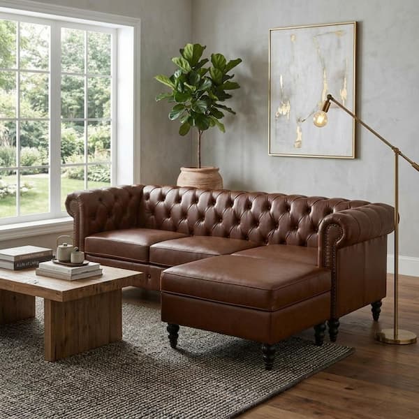 French 85 in. Rolled Arms PU Faux Leather Tufted Upholstered L-Shaped Sectional Sofa in Brown with Storage Ottoman