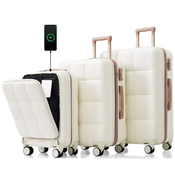 Merax 3 Piece White 20 24 28 Expandable ABS Spinner Luggage Set with USB Port Front Opening Design 20 3 Cup Holders CJXB0024AAR The Home Depot