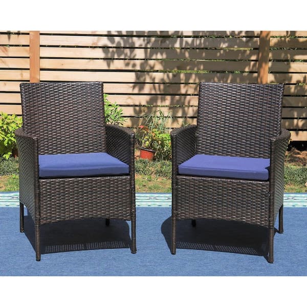 PHI VILLA Black Rattan Metal Patio Outdoor Dining Chair with Beige Blue Cushion (2-Pack)
