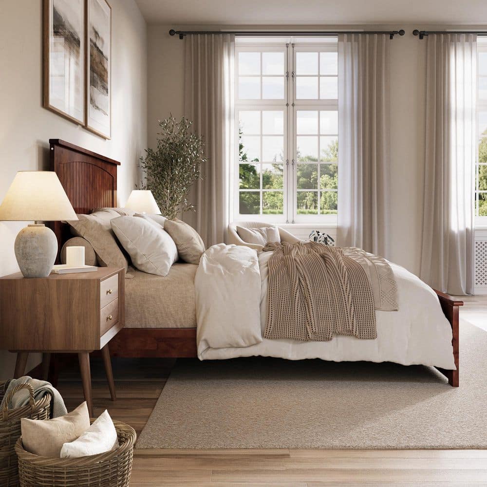 Walnut Queen Solid Wood Low Profile Platform Bed with Headboard and Footboard