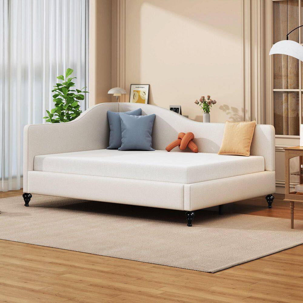 Beige Full L-Shaped Upholstered Daybed with Solid Wood Legs
