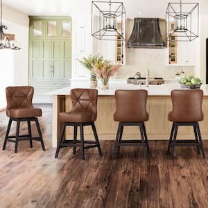 Hampton 26 in. Dark Brown Solid Wood Frame Counter Stool with Back Faux Leather Upholstered Swivel Bar Stool Set of 4