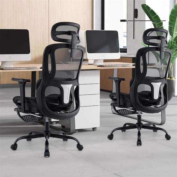 Mesh Adjustable Height Ergonomic Office Standard Chair with Rotating Headrest & Adjustable Lumbar Support in Black