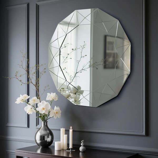 39 in. W x 39 in. H Silver Round Geometric Wall Mirror Modern Glam All-Mirror Frame Decorative Mirror for Foyer