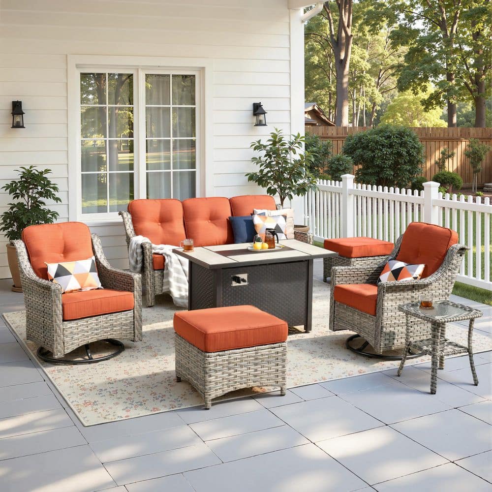Ville 7-Piece Wicker Patio Fire Pit Conversation Sofa Seating Set with Swivel Chairs and Brick Red Cushions price history on PriceWatchPro