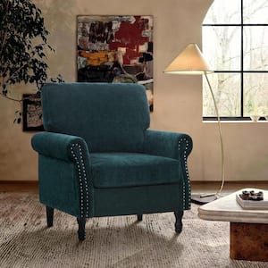 Dark Teal Chenille Upholstered Wood Frame Accent Chair Armchair with Turned Legs and Tufted Rolled Armrests