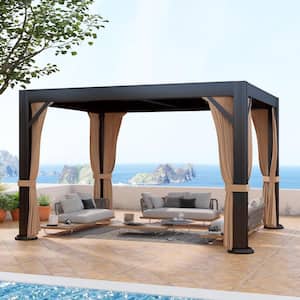 10 ft. x 13 ft. Bronze Louvered Pergola with Adjustable Aluminum Shed Roof Patio Gazebo with Netting and Curtains