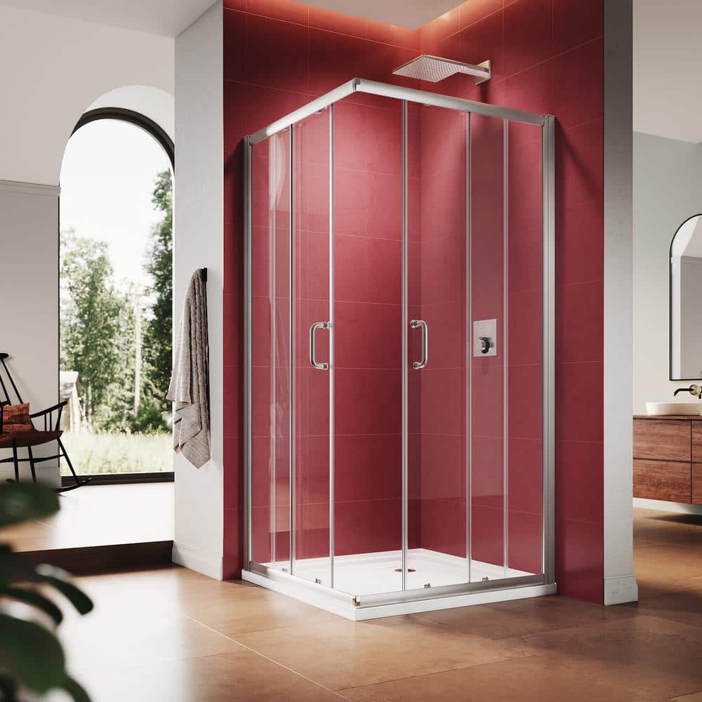 34'' Nickel Framed Clear Glass Sliding Corner Shower Enclosure