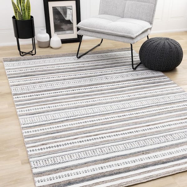 Cindara Collections 5 ft. x 8 ft. White Stripes, Tribal/Southwestern Indoor Area Rug