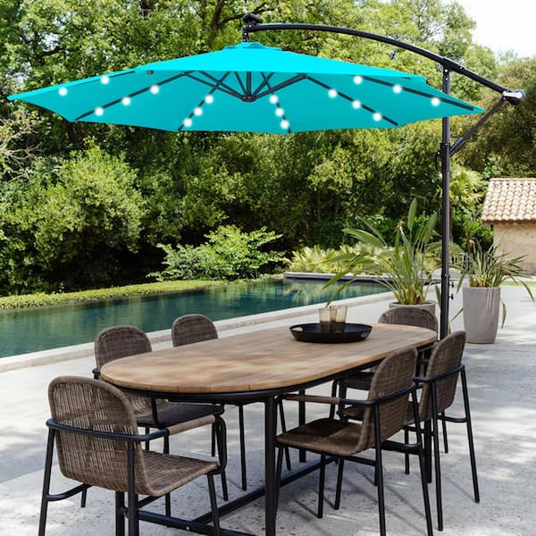 Tunearary 10 ft. Hanging Offset Cantilever Patio Market 8 Ribs Umbrella with Base Stand LED Lighted in Blue