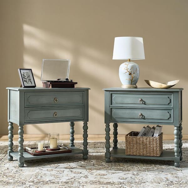 June 30 in. Blue Square Wood End Table with Built-in Charging Outlets (Set of 2)
