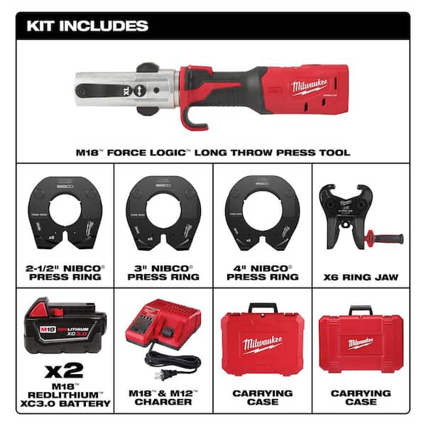 M18 18-Volt Lithium-Ion Cordless FORCE LOGIC Long Throw Press Tool Kit with 2-1/2 in - 4 in NIBCO Copper Press Ring Kit