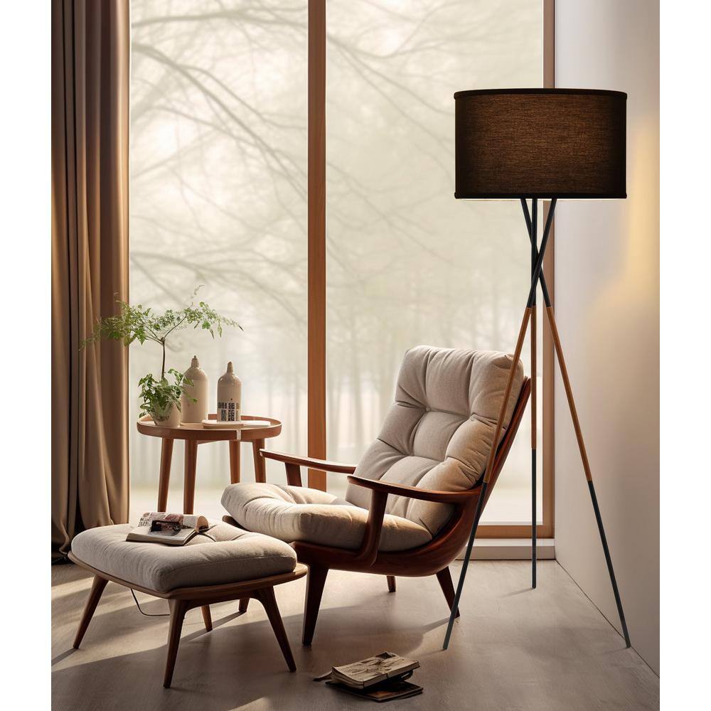 Black Tripod Floor Lamp with Fabric Shade and Faux Leather Accents