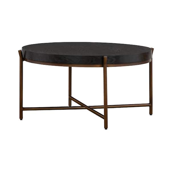 32 in. Black Brush Oak Top/Bronze Metal Round Wood Coffee Table