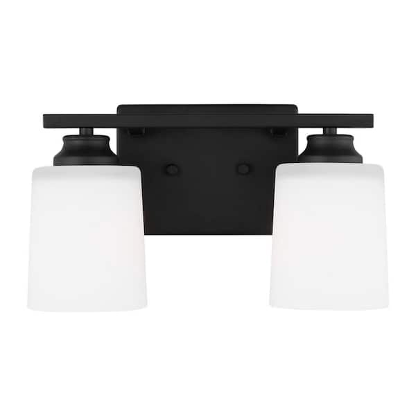Generation Lighting Vinton 13.125 in. 2-Light Midnight Black Bathroom Vanity Light with Etched White Glass Shades, LED Light Bulbs Included