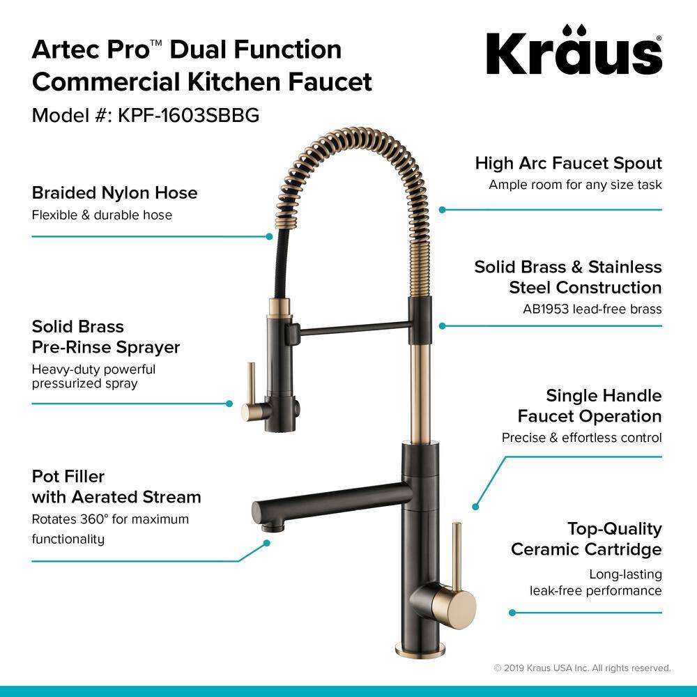 Black Stainless Steel and Brushed Gold Commercial Kitchen Faucet with Pull-Out Spray