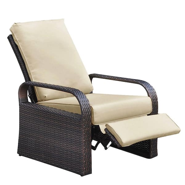 Brown 1 Piece Wicker Outdoor Recliner without Sunshade with Yellow Cushion