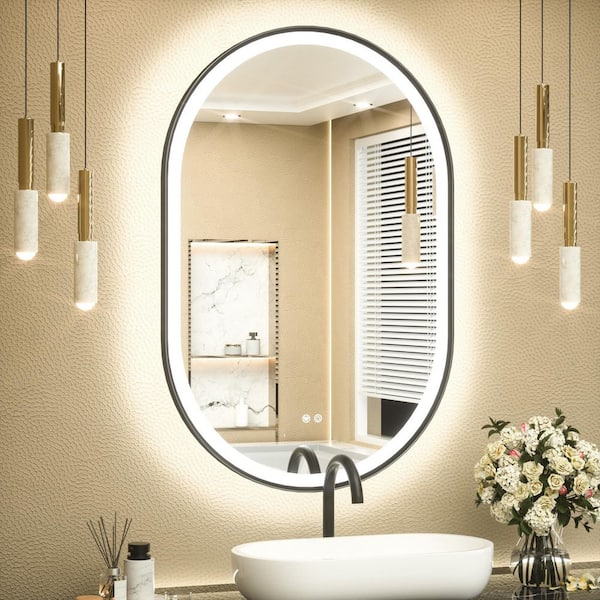 24 in. W x 36 in. H Novelty Framed Bathroom Mirrors Wall Mount LED Bathroom Vanity Mirror in Black