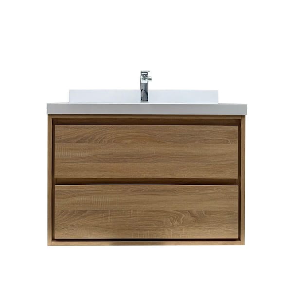 MEDUNJESS Purus 36 in. W x 20 in. D x 26 in. H Single Sink Wall Mounted Bath Vanity in Oak with White Cultured Marble Top