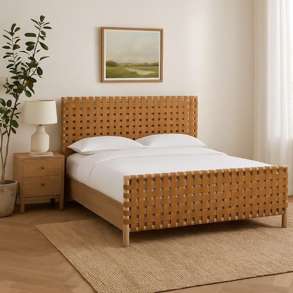 Dory Brown Wood Frame Queen Panel Bed with Hand Woven Headboard