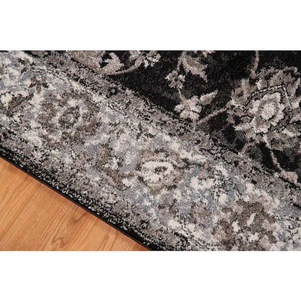 Alexandria 2 ft. x 6 ft. Black/Ivory Bordered Pattern Runner Rug for High Traffic Entryway Kitchen Hallway