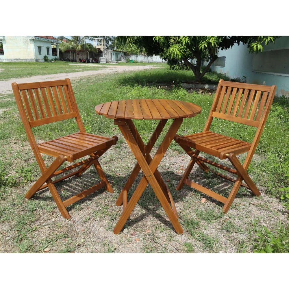 3-Piece Light Brown Acacia Wood Folding Outdoor Bistro Set with Coffee Tabl