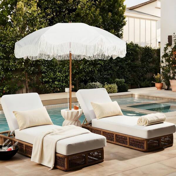 boho patio umbrella with fringe AMMSUN 8.5ft Tassel Macrame Wood Pole Pulley Lift, Natural White turn your outdoor dining area into a shaded lounge for family and friends SunVilla 10 ft. Cabana Market