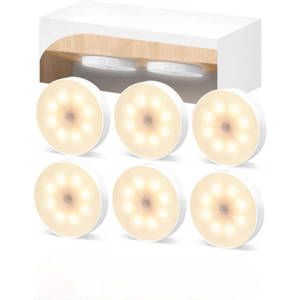 6 Light Dimmable Warm White Integrated LED Under Cabinet Puck Light Motion Sensor with IR Remote 6-Pack