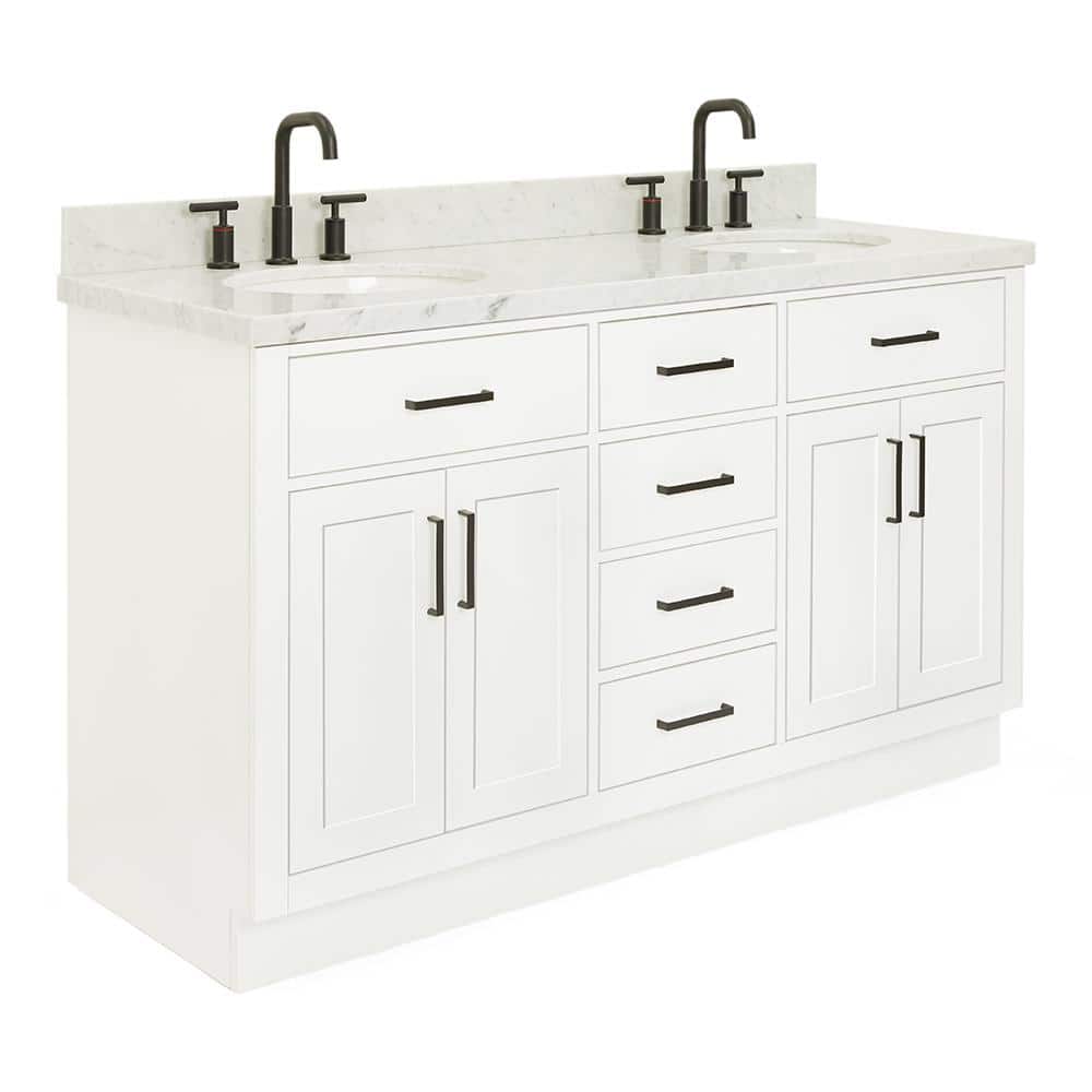 White Marble 61" Freestanding Double Basin Vanity Set