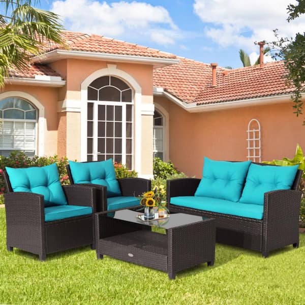4-Piece Wicker Patio Conversation Set Rattan Furniture Set with Turquoise Cushions and Tempered Glass Coffee Table