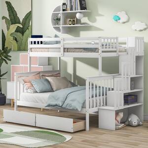 White Twin Over Full Bunk Bed with 2-Drawers and Staircases, Convertible into 2 Beds