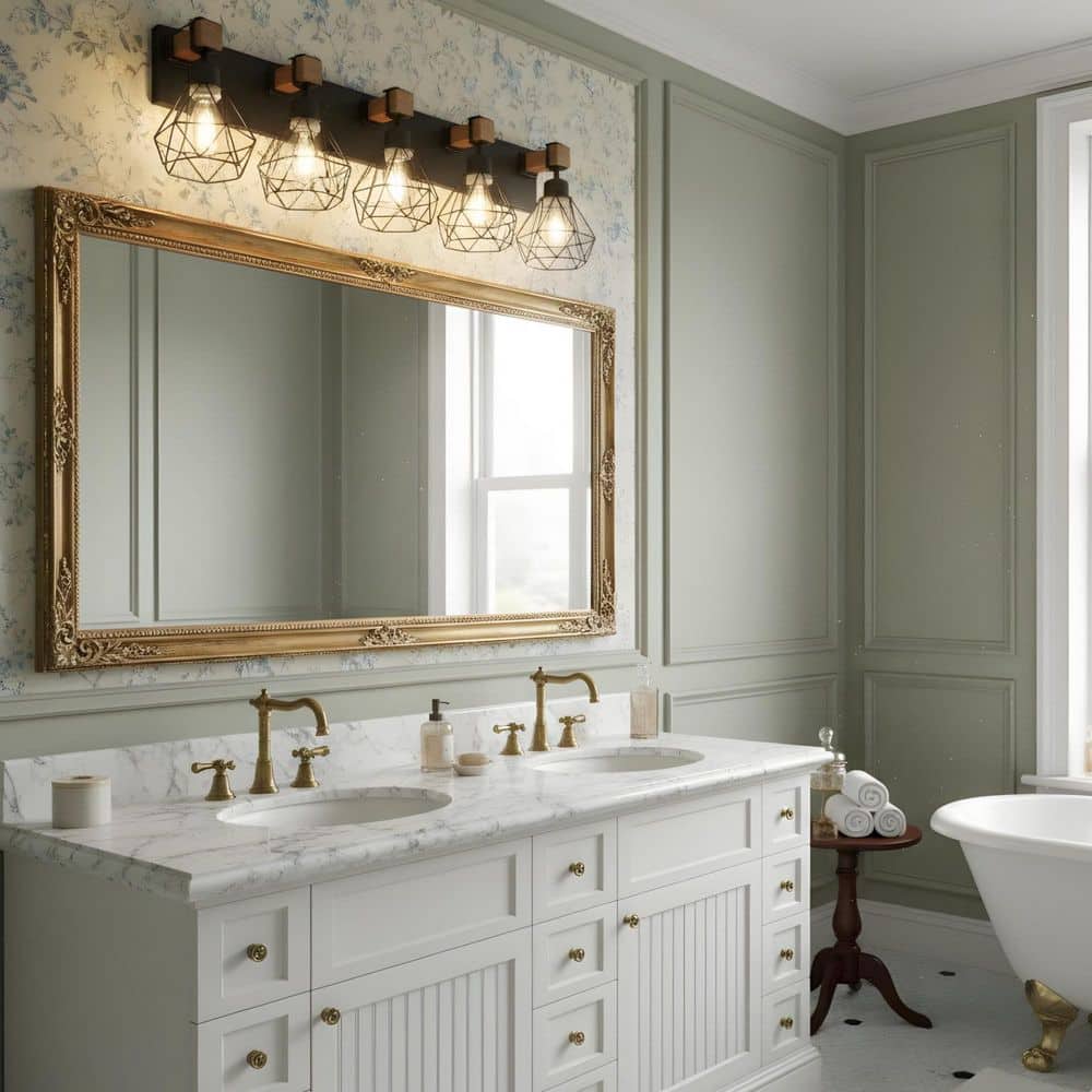 31.1 in. 5-Light Black Bathroom Vanity Light with Wood Accents and Metal Shades price history on PriceWatchPro