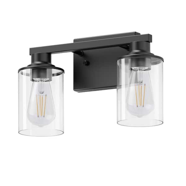 14 in. 2-Light Matte Black Clear Glass Shade Vanity Light with Dimmable No Bulbs Included