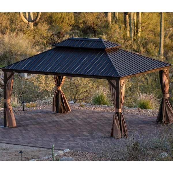14 ft.x 16 ft.Bronze Aluminum Power-Coated Frame Galvanized Steel Double Roof Hardtop Gazebo,Hooks,Netting,Khaki Curtain