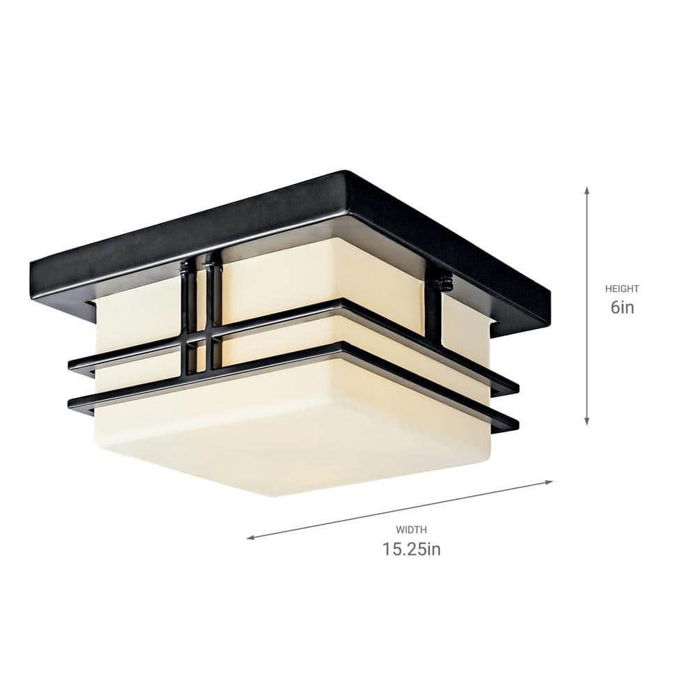 Black and Opal Glass 2-Light Outdoor Flush Mount Ceiling Fixture