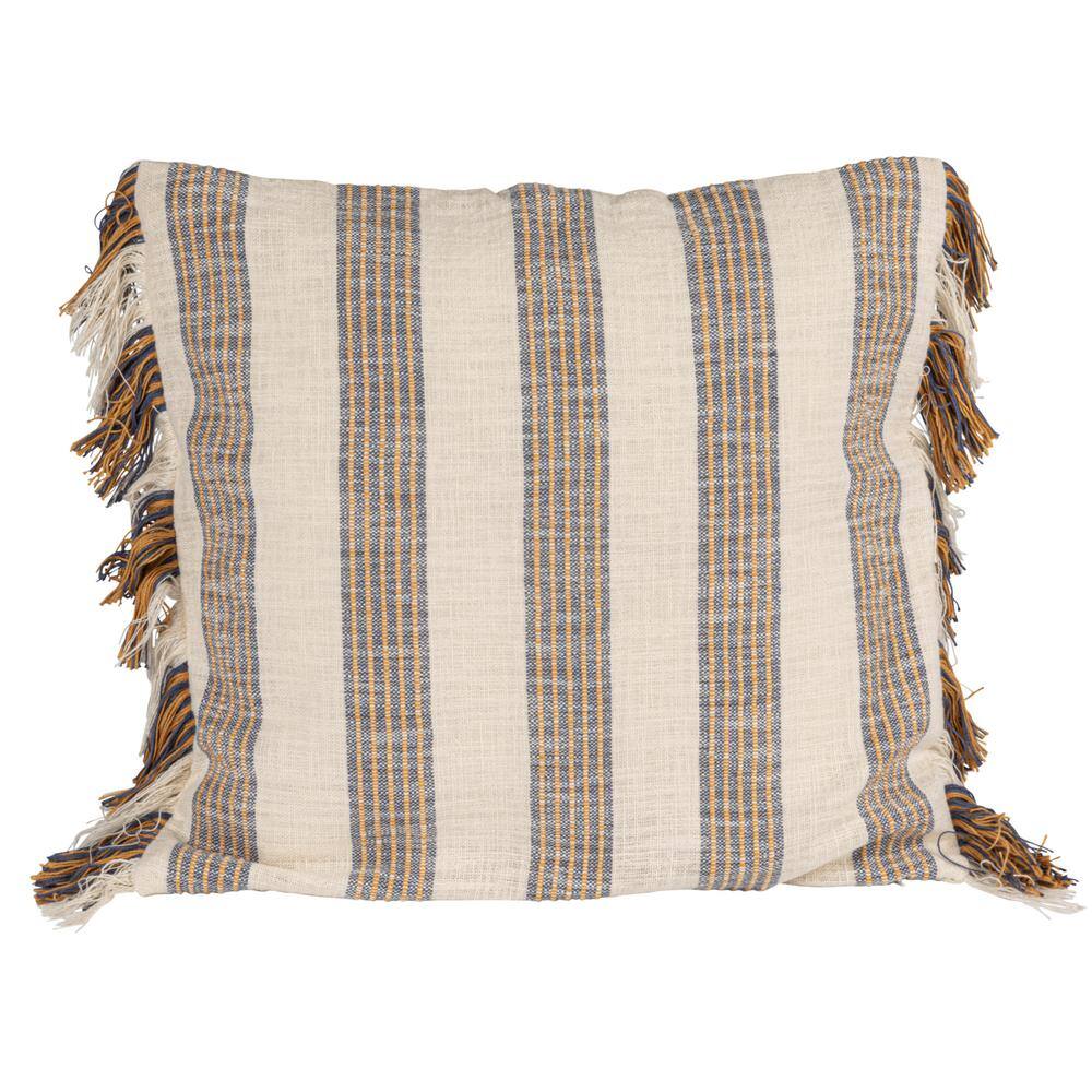 Gray and Yellow Striped Cotton Square Throw Pillow with Fringe