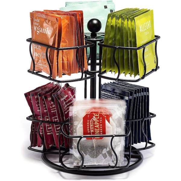 Iron Tea Bag Spinning Carousel Organizer for Countertop Holds Up to 60 Large Tea Bags, 2-Tier Black Pantry Organizer