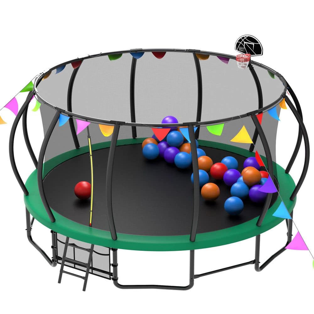 Green 16 ft. Outdoor Trampoline for Kids and Adults, Pumpkin Trampolines wi
