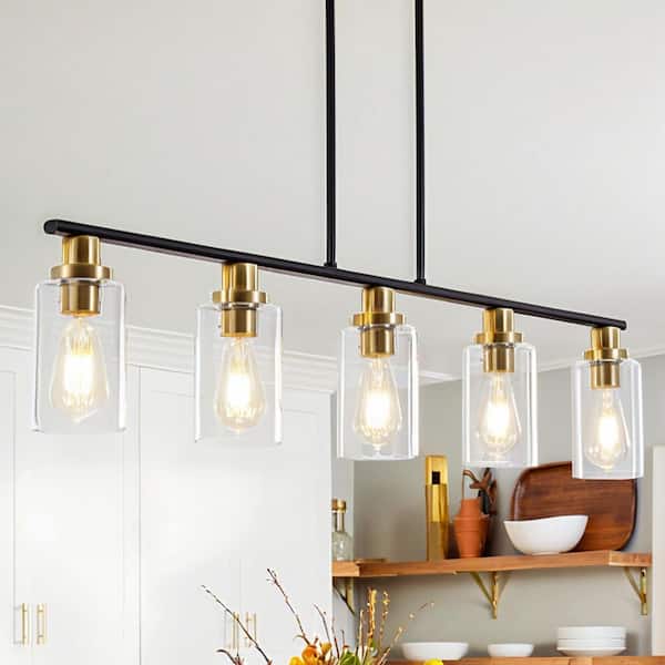 YANSUN 5-Light Elegant Black and Gold Farmhouse Chandelier with Clear Glass,Pendant Light Perfect for Kitchen and Dining Spaces