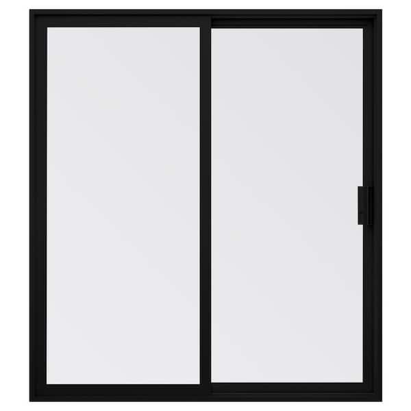 Milgard Windows and Doors V300 Trinsic Series 96-in x 96-in x 4-9/16-in Jamb Tempered Black Vinyl Sliding Right-Hand 2-panel Door Patio w/Screen